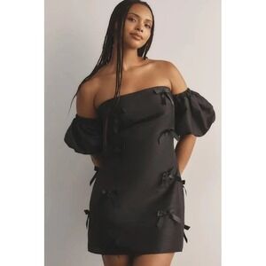NWT Anthropologie Hutch Off Shoulder Black Bow Mini Dress Sz 1X Puff Sleeve